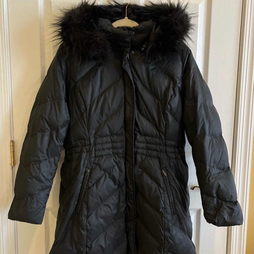 Talbots Black Quilted Coat with Faux Fur Hood